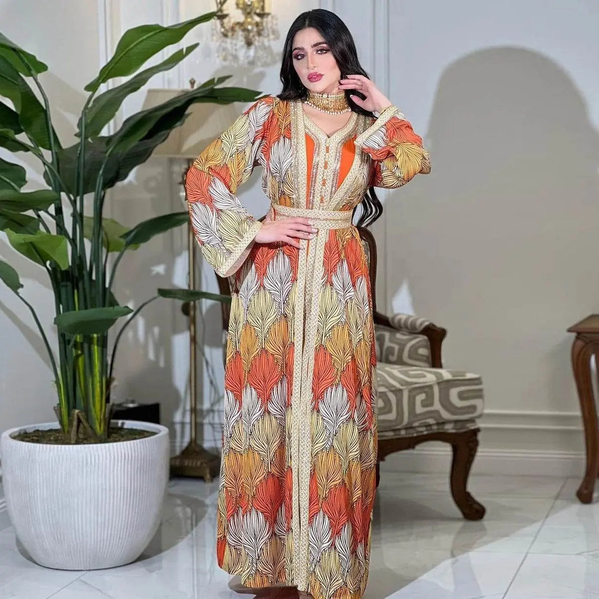 Luxury Rhinestone Printed Inner Liner Jalabiya - IVORYNN