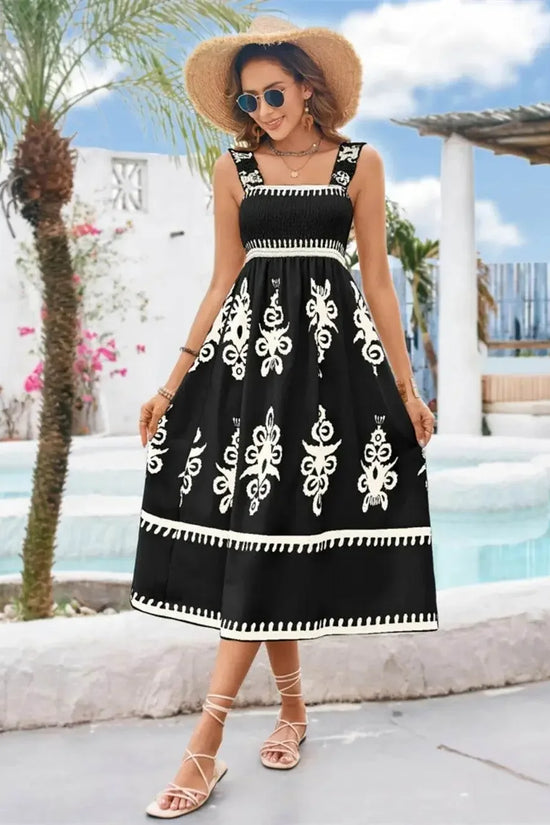 Luxury Square Neck Wide Strap Midi Black Dress - IVORYNN