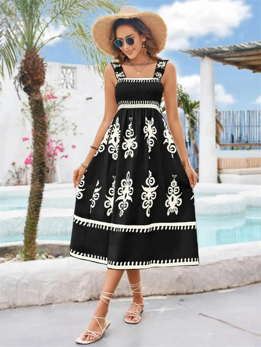 Luxury Square Neck Wide Strap Midi Black Dress