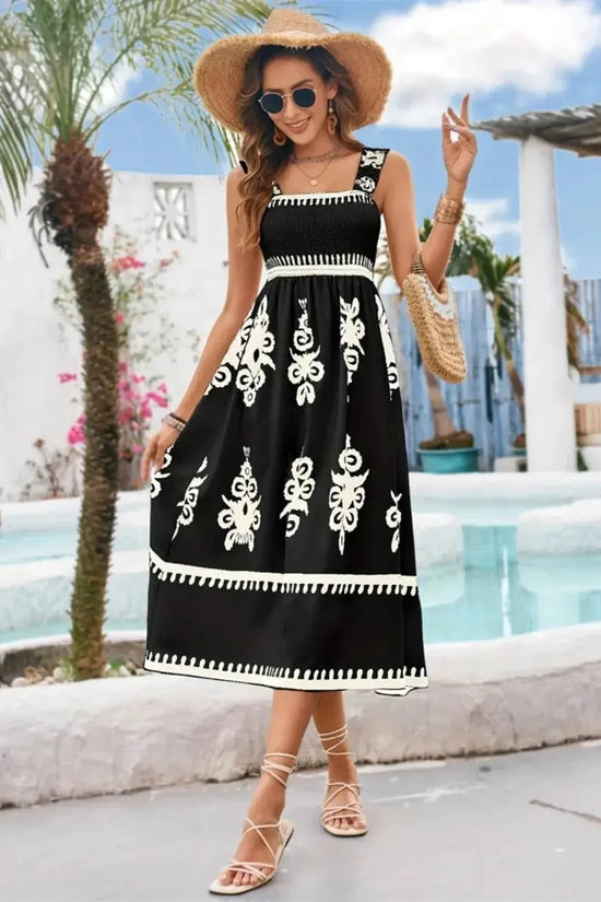 Luxury Square Neck Wide Strap Midi Black Dress - IVORYNN