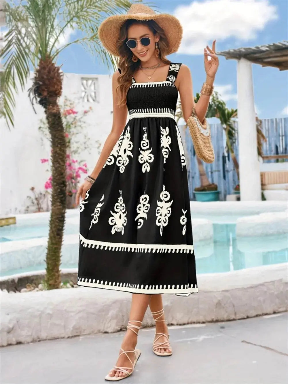 Luxury Square Neck Wide Strap Midi Black Dress - IVORYNN