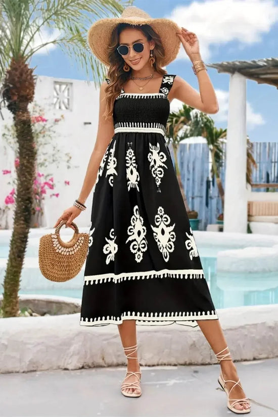 Luxury Square Neck Wide Strap Midi Black Dress - IVORYNN