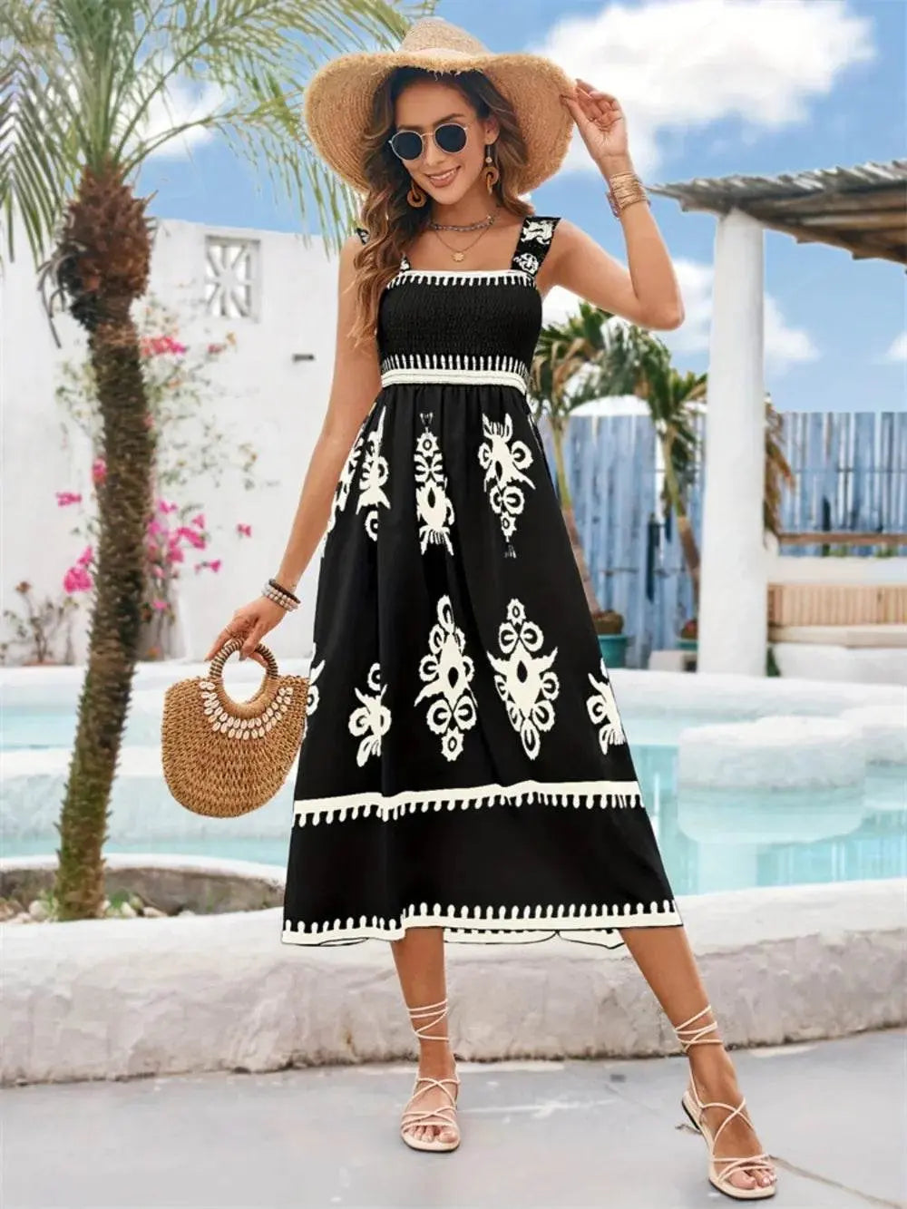 Luxury Square Neck Wide Strap Midi Black Dress - IVORYNN