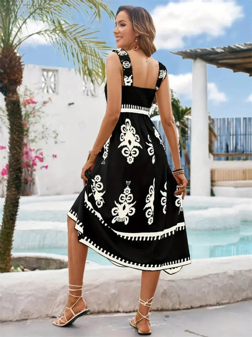 Luxury Square Neck Wide Strap Midi Black Dress - IVORYNN