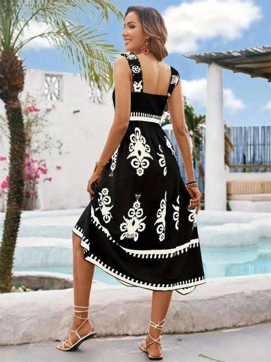 Luxury Square Neck Wide Strap Midi Black Dress