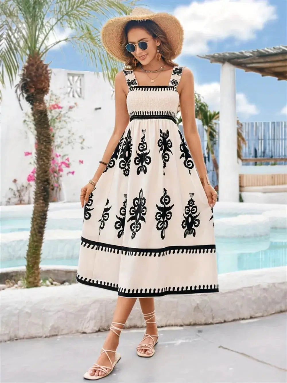 Luxury Square Neck Wide Strap Midi White Dress - IVORYNN