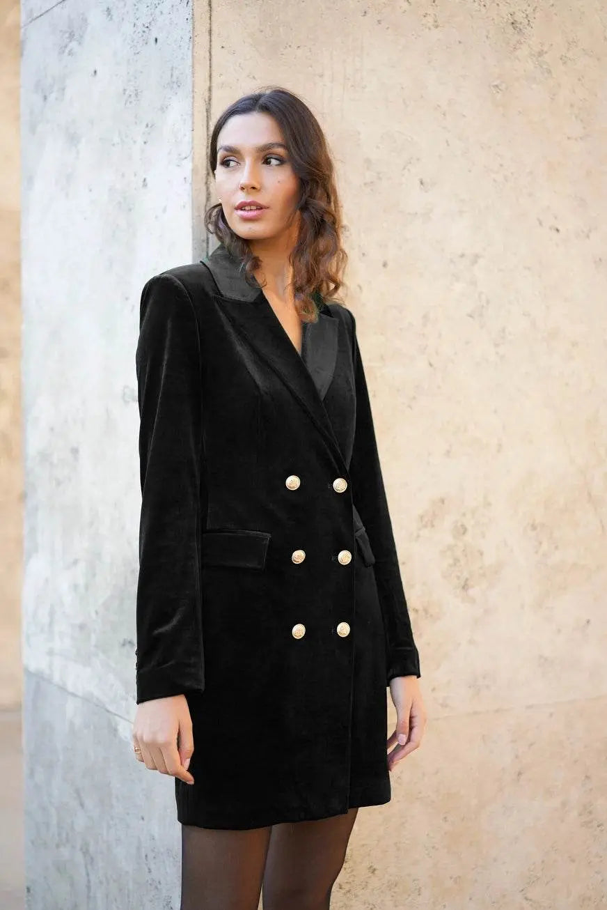 Luxury Velvet Double Breasted Black Dress Jacket Gold Buttons - IVORYNN