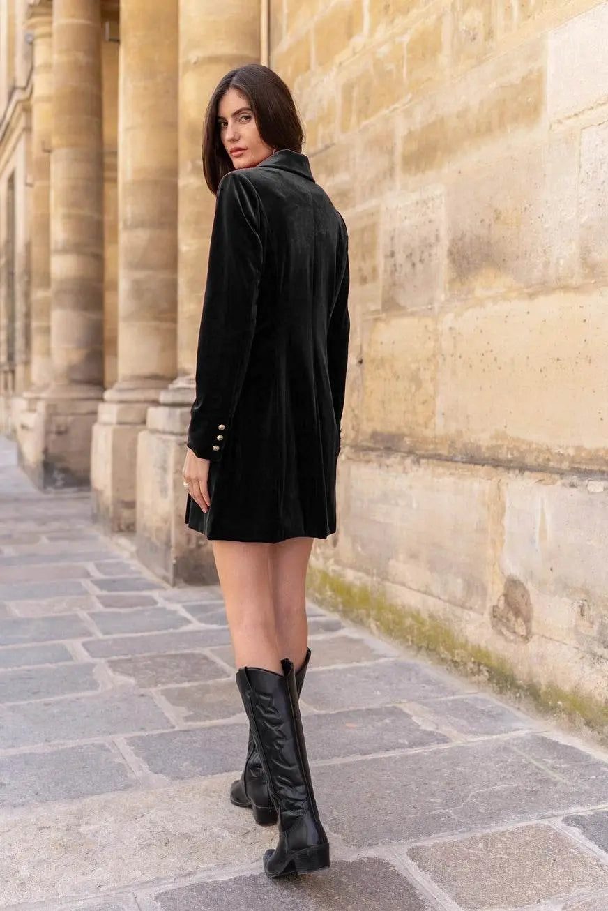 Luxury Velvet Double Breasted Black Dress Jacket Gold Buttons - IVORYNN