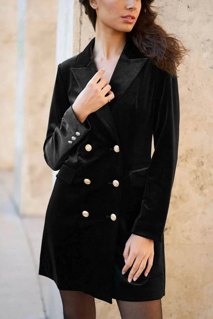 Luxury Velvet Double Breasted Black Dress Jacket Gold Buttons - IVORYNN