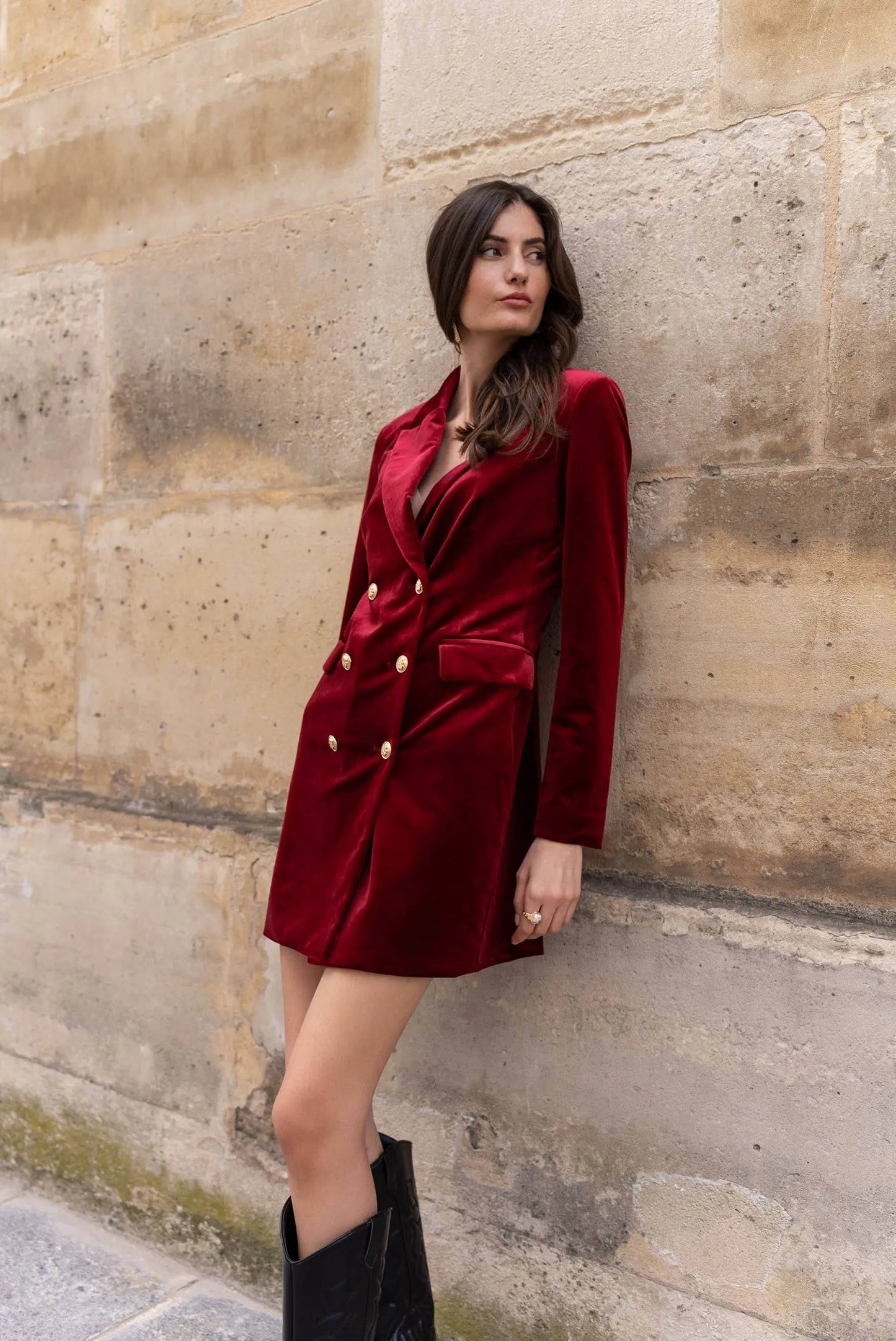 Luxury Velvet Double Breasted Burgundy Dress Jacket Gold Buttons - IVORYNN