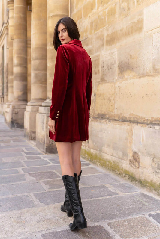 Luxury Velvet Double Breasted Burgundy Dress Jacket Gold Buttons