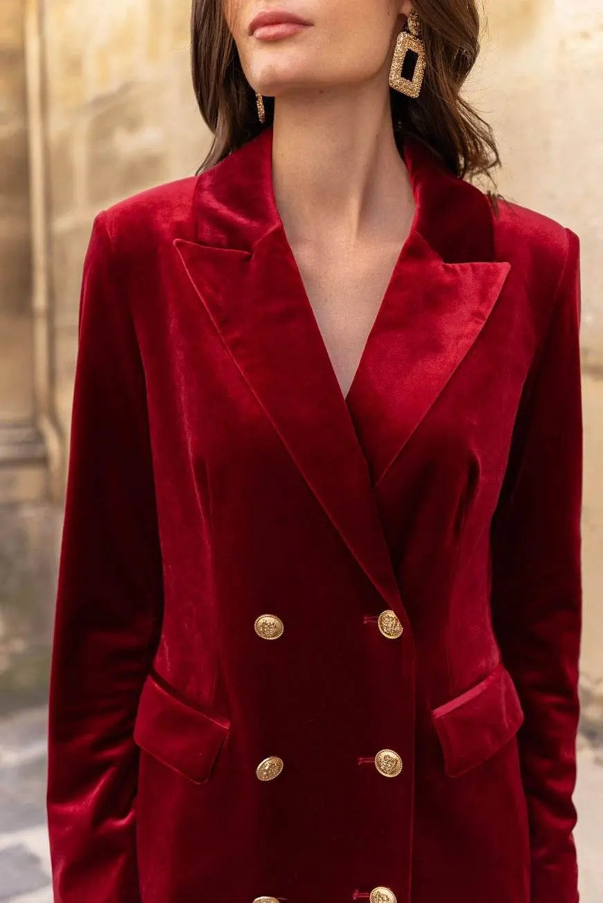 Luxury Velvet Double Breasted Burgundy Dress Jacket Gold Buttons - IVORYNN