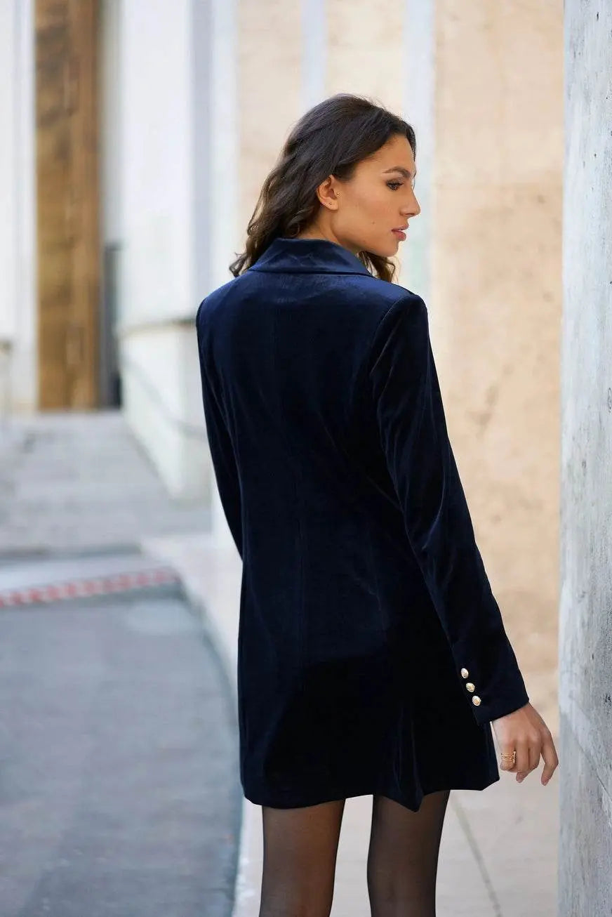 Luxury Velvet Double Breasted Navy Dress Jacket Gold Buttons - IVORYNN