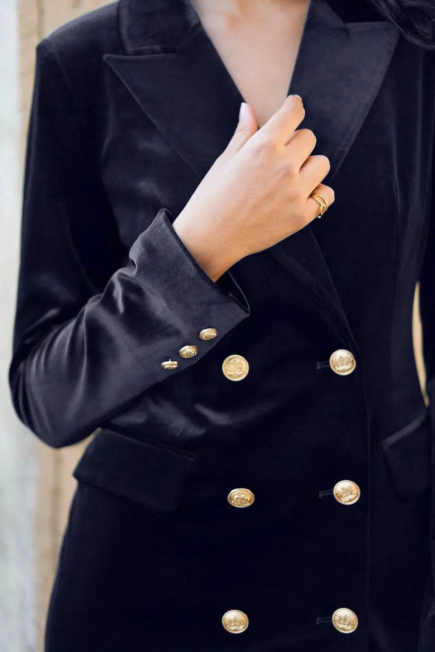 Luxury Velvet Double Breasted Navy Dress Jacket Gold Buttons - IVORYNN