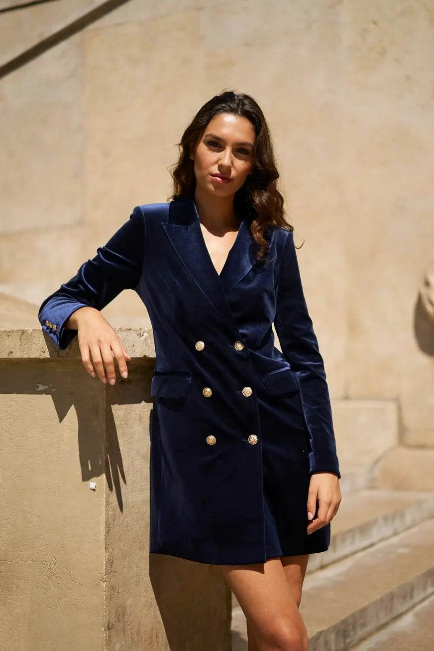 Luxury Velvet Double Breasted Navy Dress Jacket Gold Buttons - IVORYNN