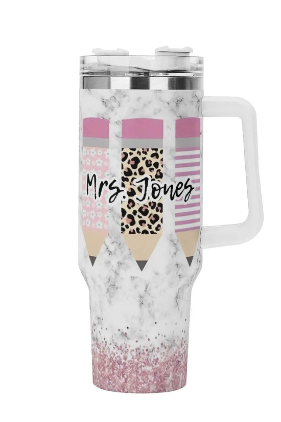 MRS JONES 40oz Stainless Steel Tumbler With White Handle and Straw - IVORYNN