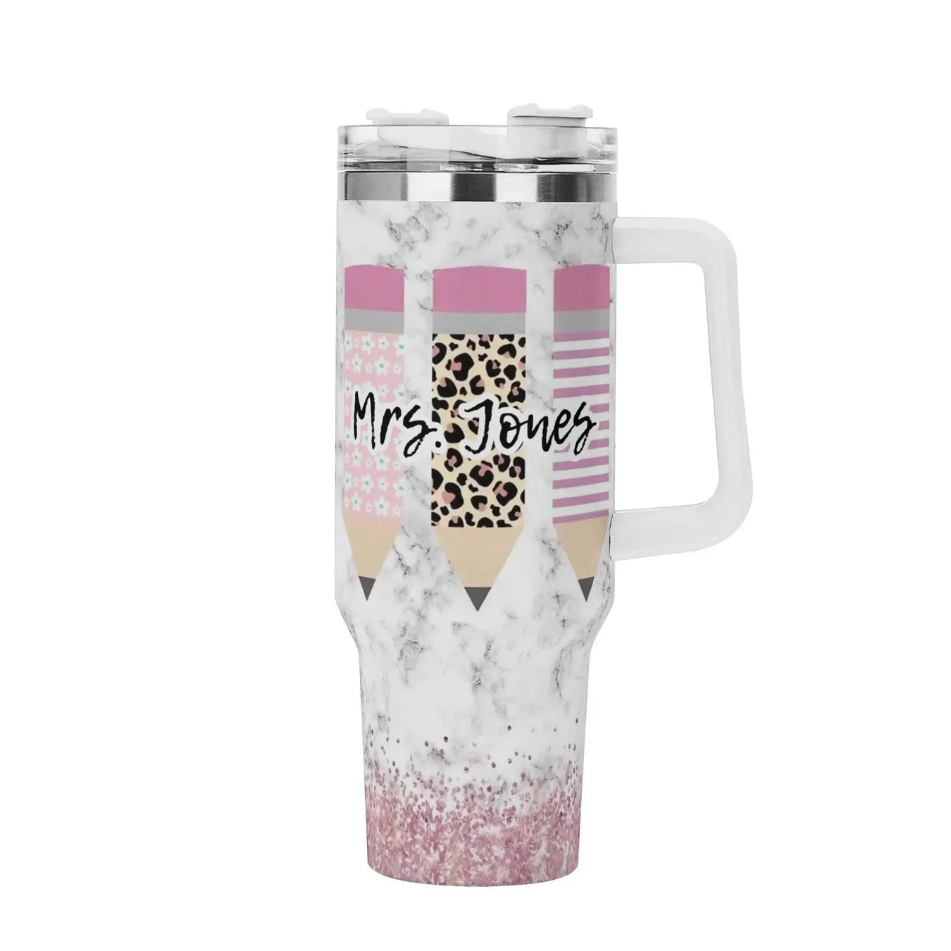 MRS JONES 40oz Stainless Steel Tumbler With White Handle and Straw - IVORYNN