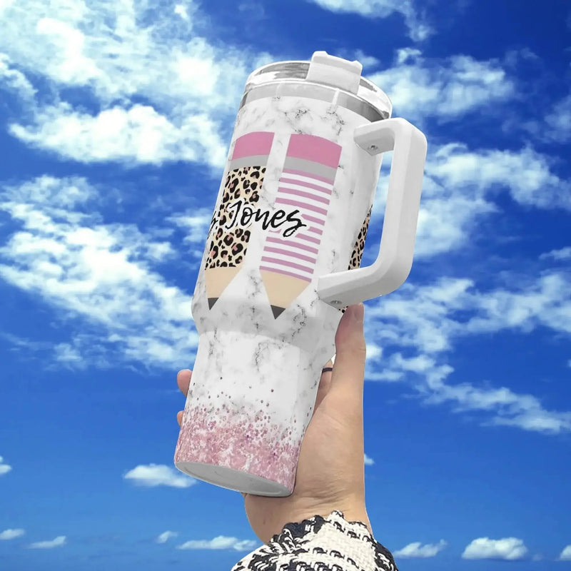 MRS JONES 40oz Stainless Steel Tumbler With White Handle and Straw - IVORYNN