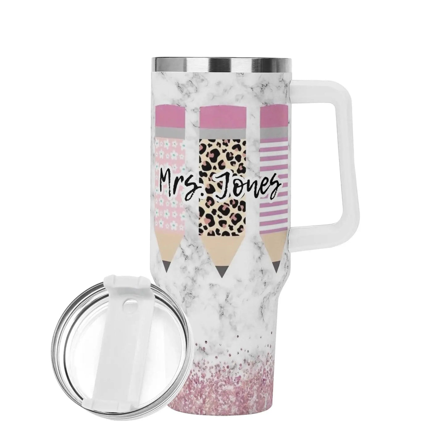 MRS JONES 40oz Stainless Steel Tumbler With White Handle and Straw - IVORYNN