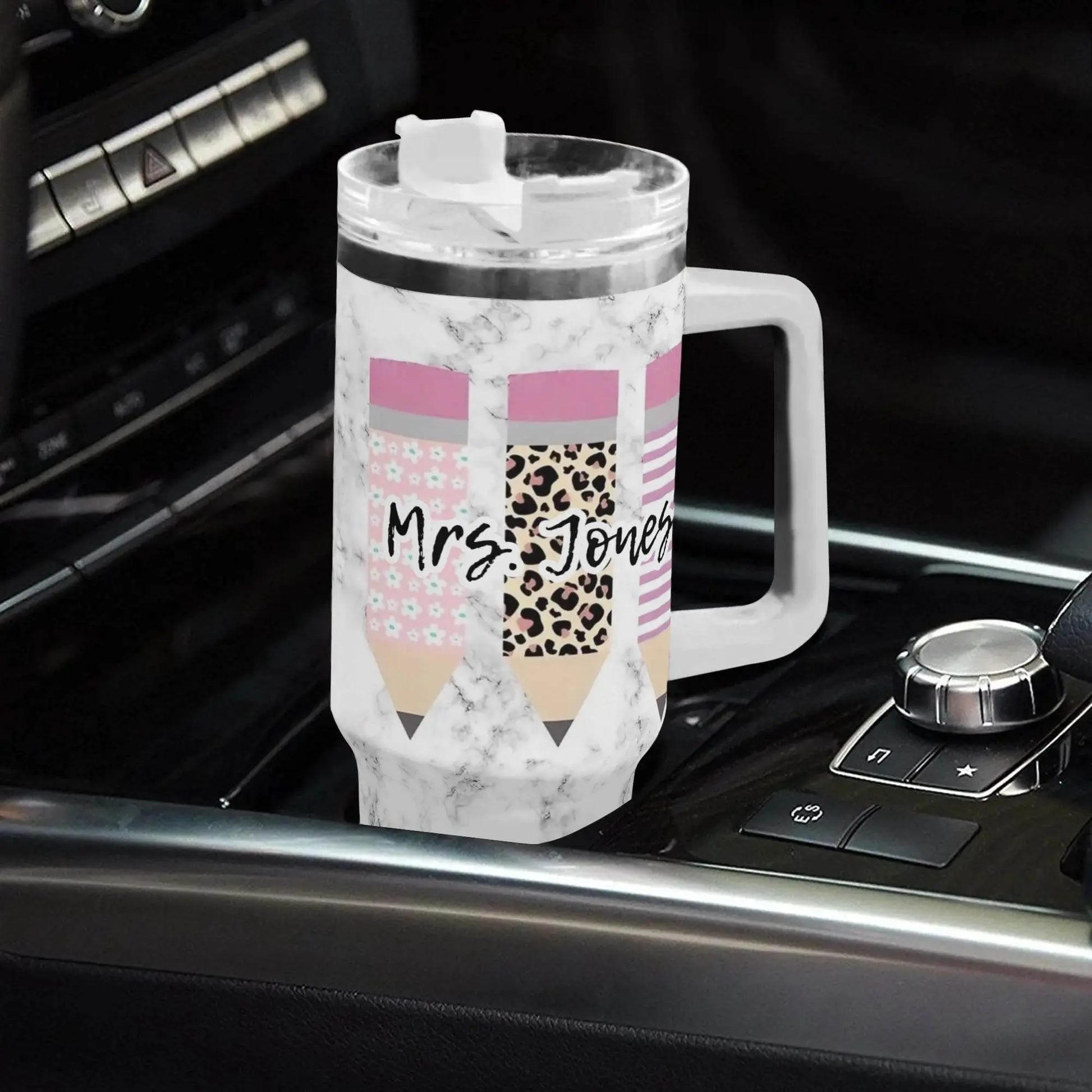MRS JONES 40oz Stainless Steel Tumbler With White Handle and Straw - IVORYNN