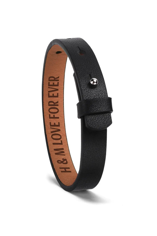 M&H Engraved Black Leather Bracelet - IVORYNN