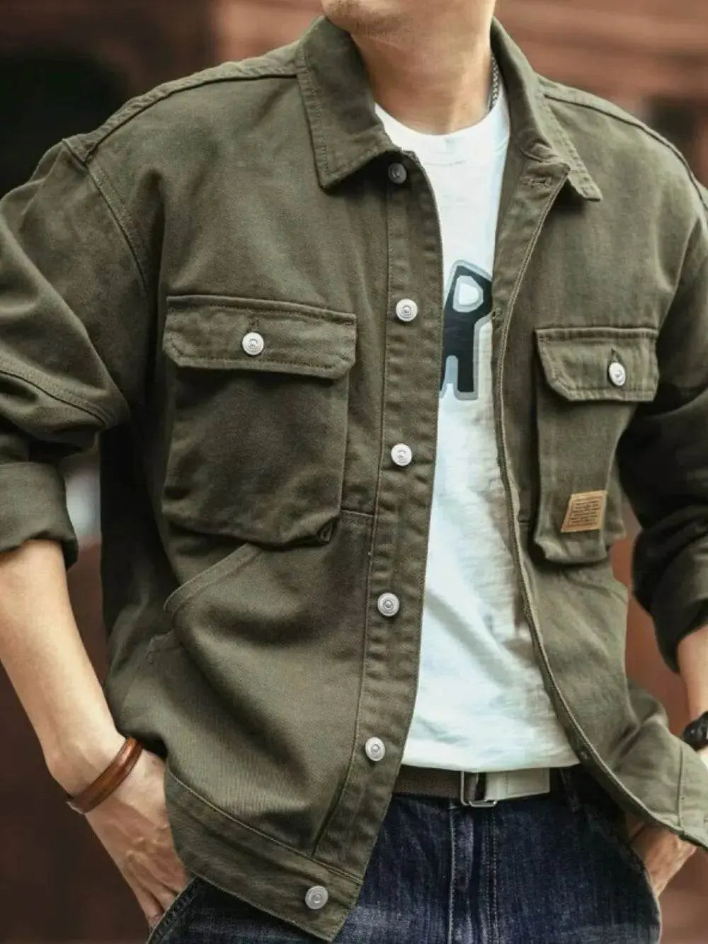 Men's Washed Collared Neck Cargo Jacket - IVORYNN