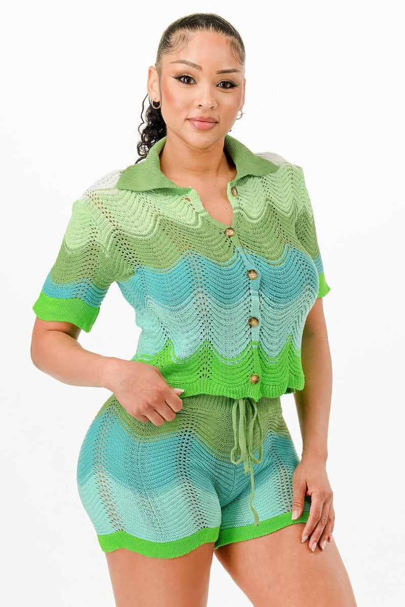 Mint Neon Green Knit Cardigan Short Set - IVORYNN