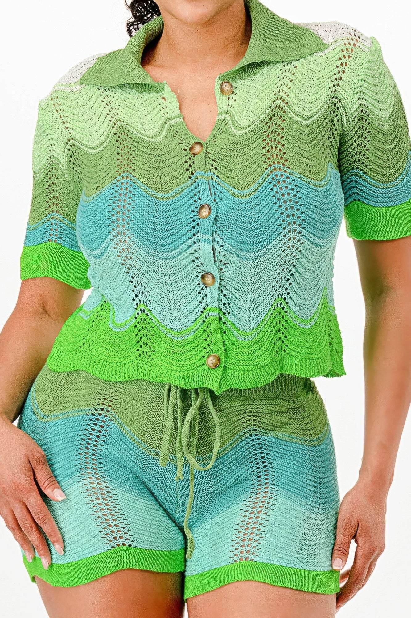 Mint Neon Green Knit Cardigan Short Set - IVORYNN
