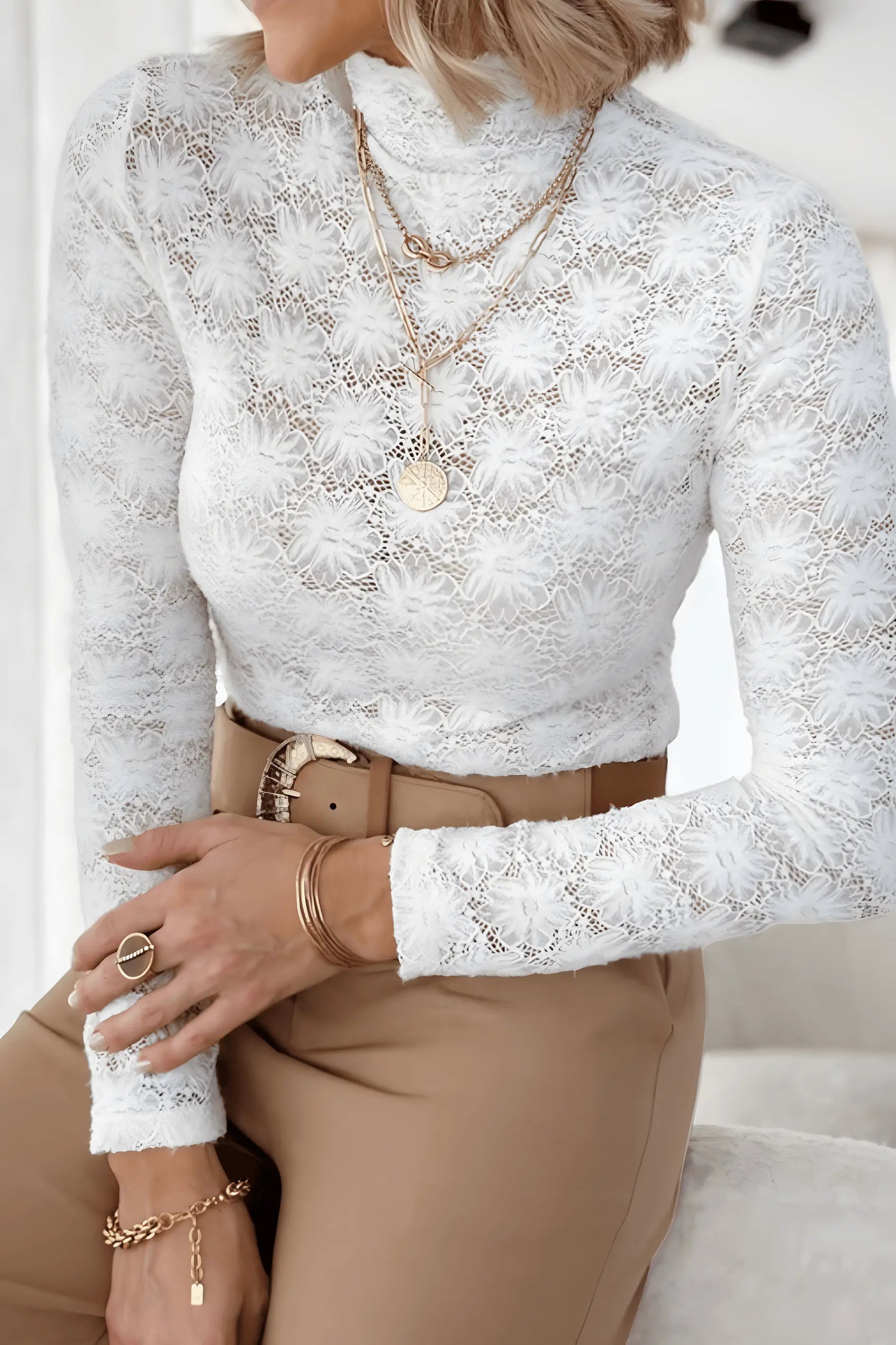 Mock Neck Long Sleeve Lace Blouse - IVORYNN