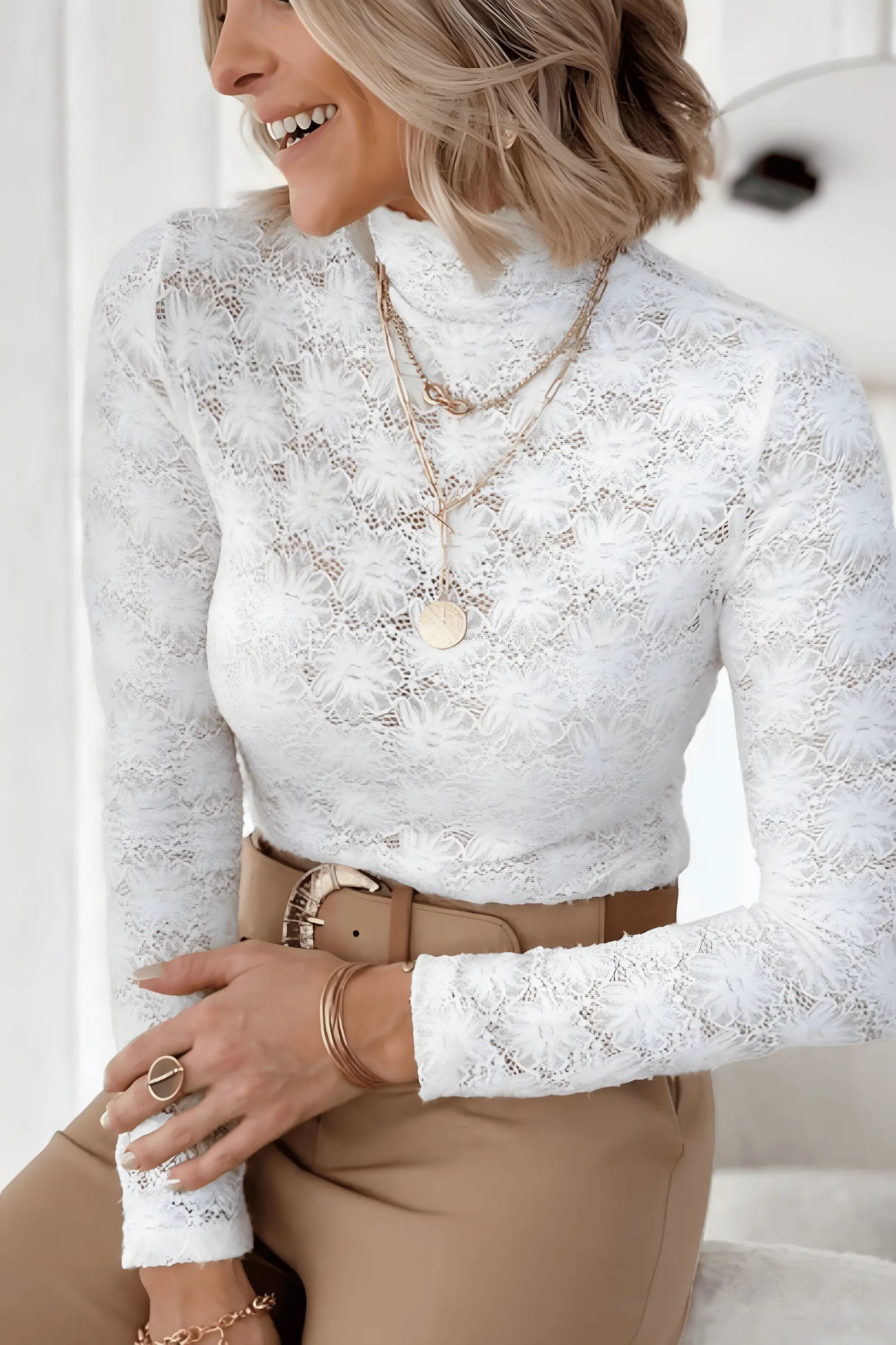 Mock Neck Long Sleeve Lace Blouse - IVORYNN