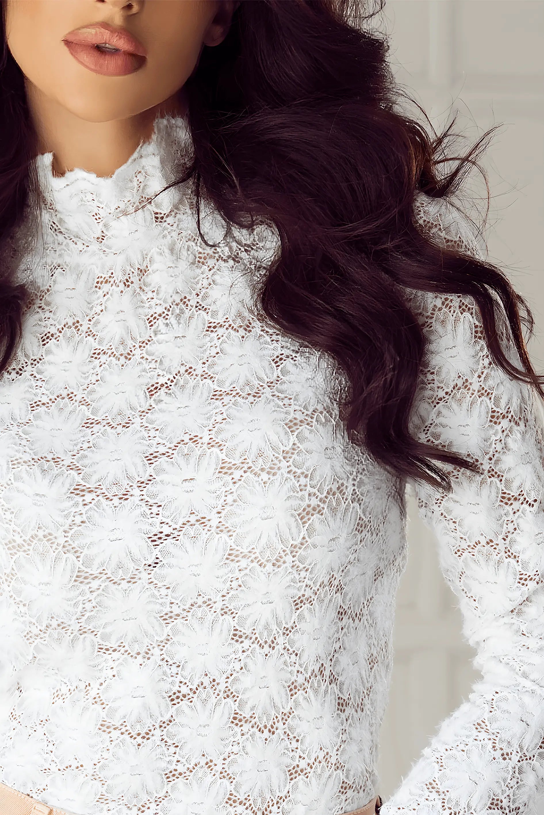 Mock Neck Long Sleeve Lace Blouse - IVORYNN