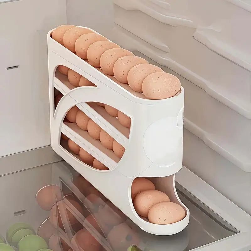 White egg holder with eggs inside, attached to a refrigerator door.