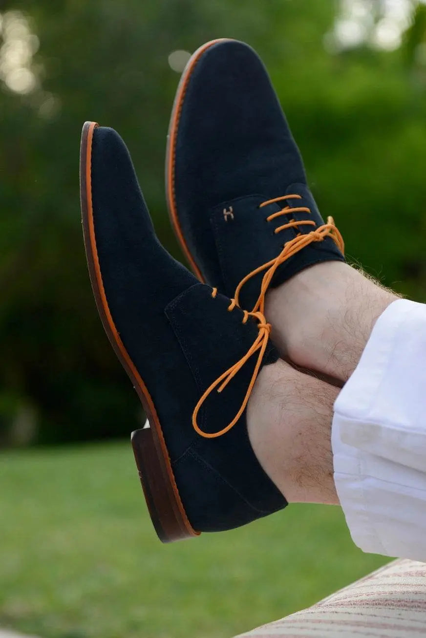 Navy Blue Suede Derby Shoes - IVORYNN