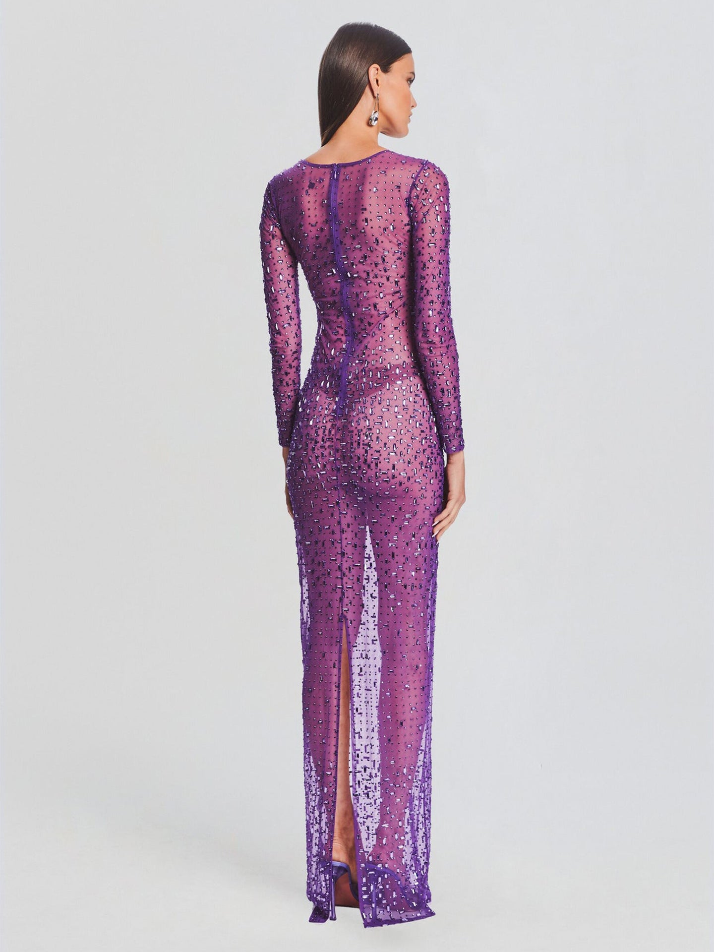Rhinestone Long Sleeve Slim Purple Dress