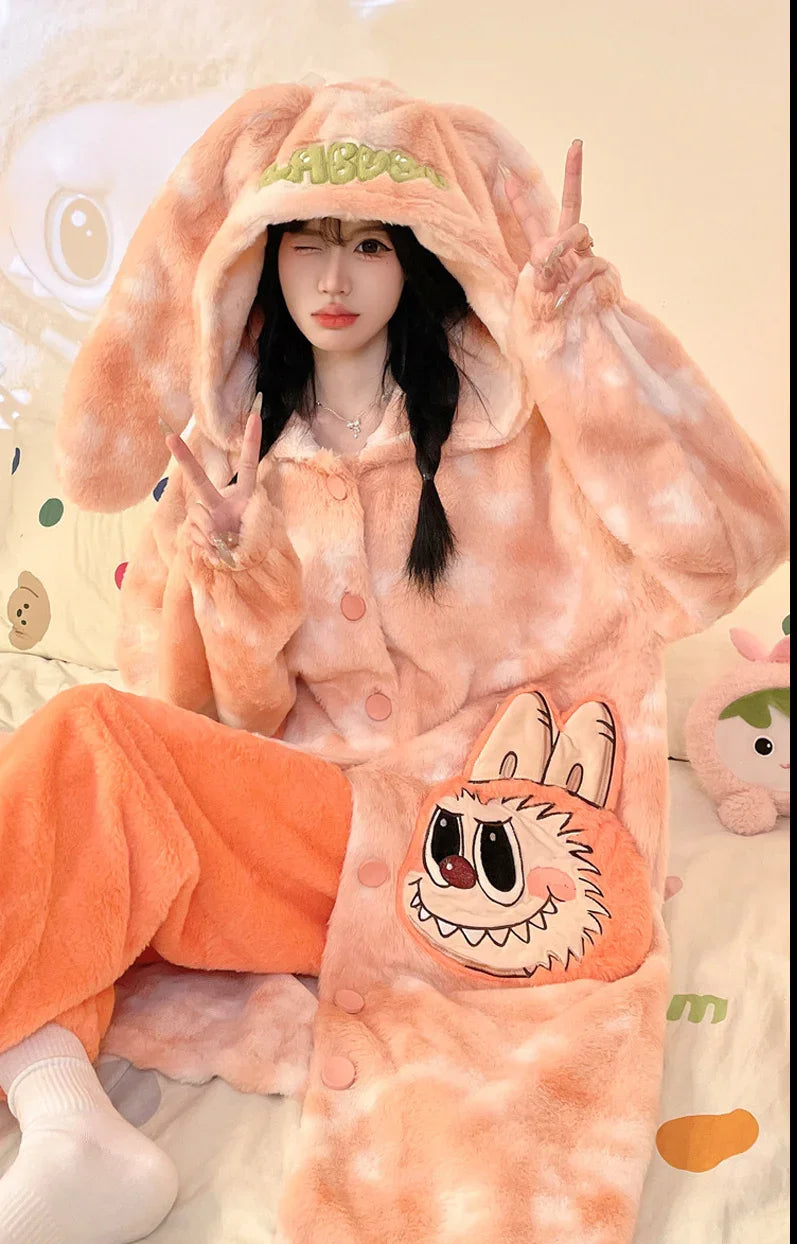 Thickeneded Velvet Flannel Warmth Orange and White Cute Pajama