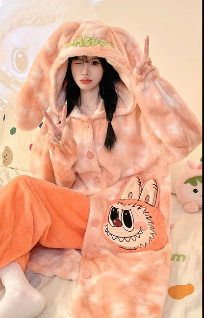 Thickeneded Velvet Flannel Warmth Orange and White Cute Pajama