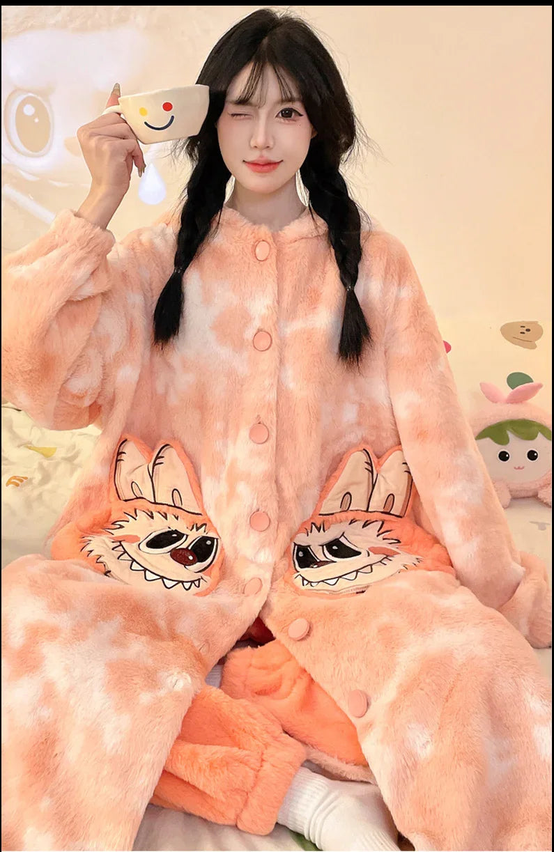 Thickeneded Velvet Flannel Warmth Orange and White Cute Pajama