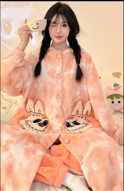 Thickeneded Velvet Flannel Warmth Orange and White Cute Pajama