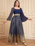 Elegant Floral Embossed Arabian Royal Blue Maxi Dress