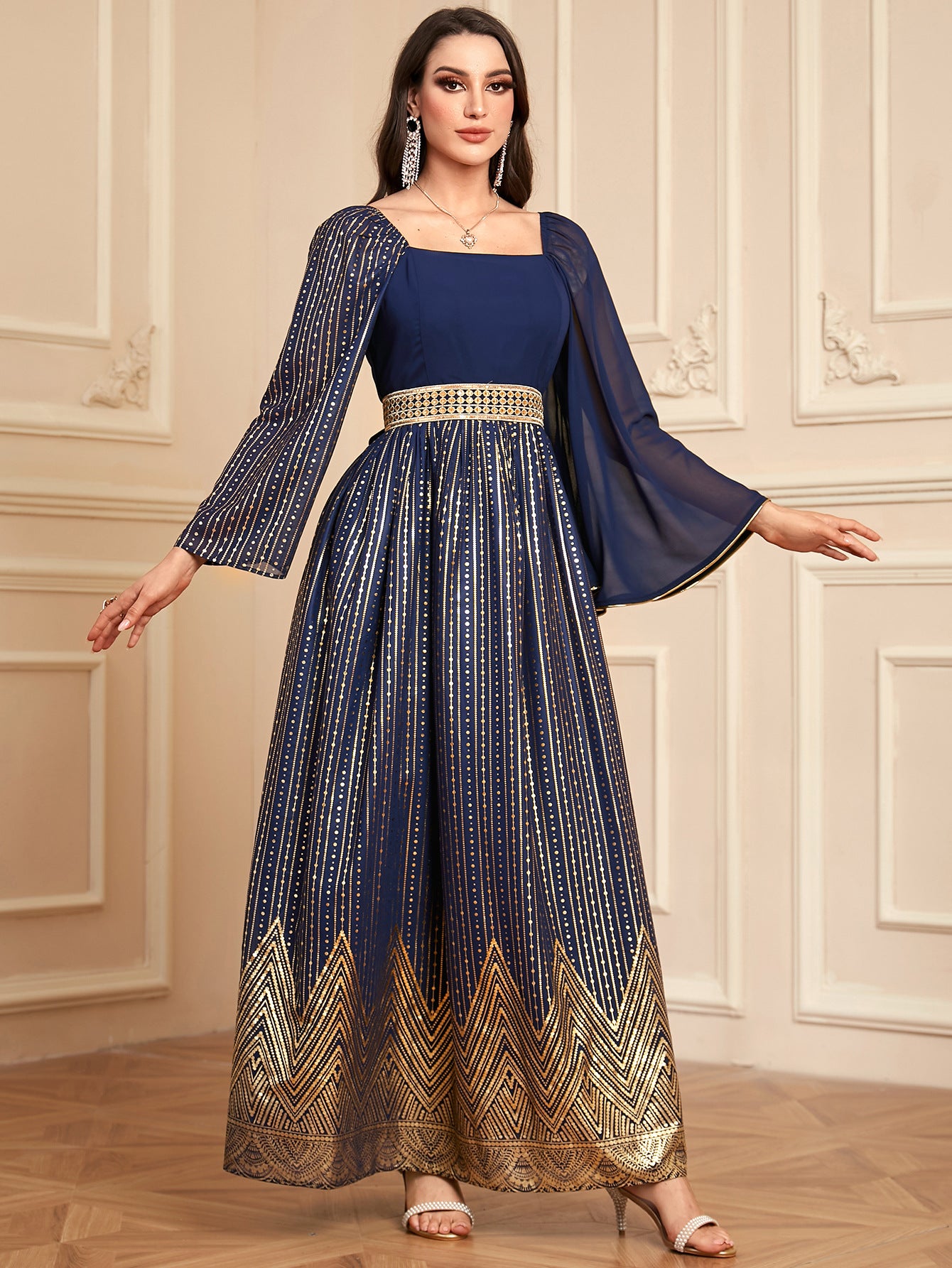 Elegant Floral Embossed Arabian Royal Blue Maxi Dress