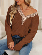 Lace Detail V-Neck Long Sleeve Deep Camel Sweater