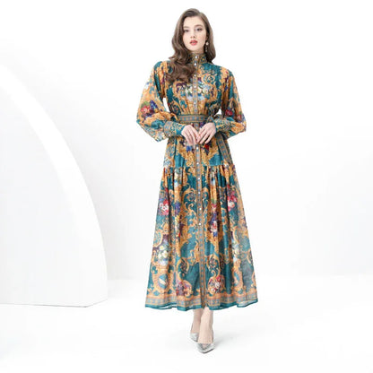 Court Style Lantern Sleeve Strap Waist Luxury Green Dress