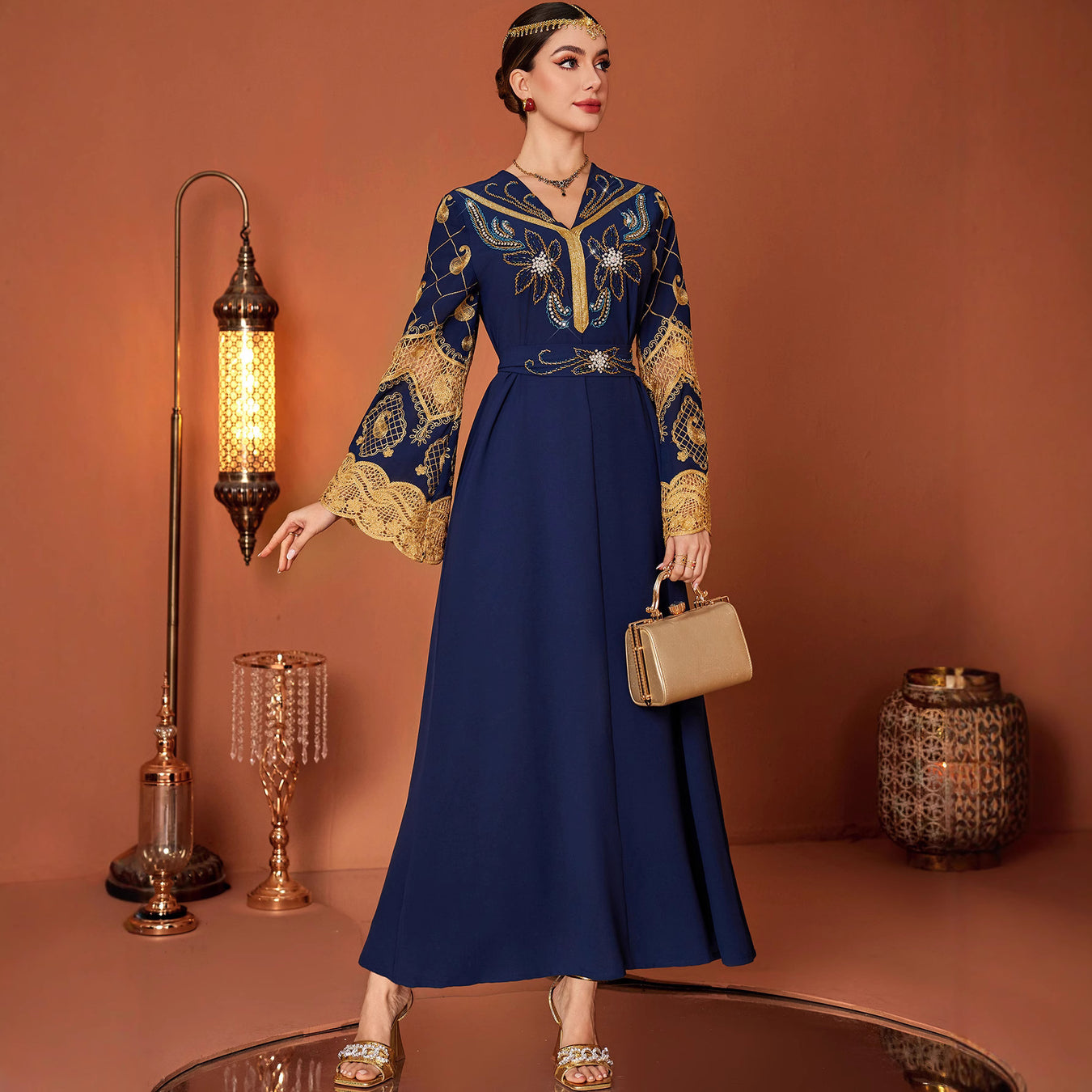 Embroidered Hand-Sewn Diamond V Neck Long Dress