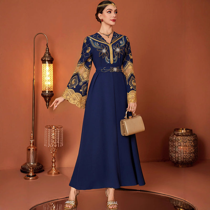 Embroidered Hand-Sewn Diamond V Neck Long Dress