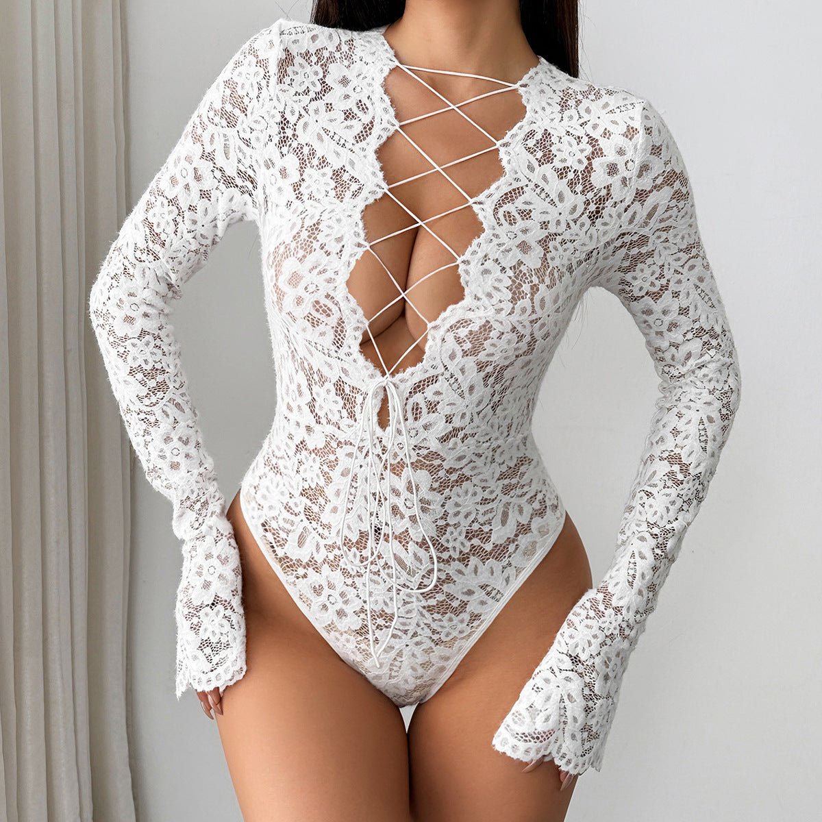 Deep V Flared Lace Bodysuit