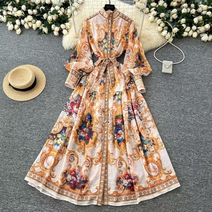 Court Style Lantern Sleeve Strap Waist Luxury Gold Dress