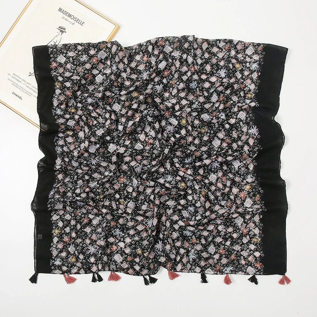 Cotton Linen Retro Jet Black Long Scarf