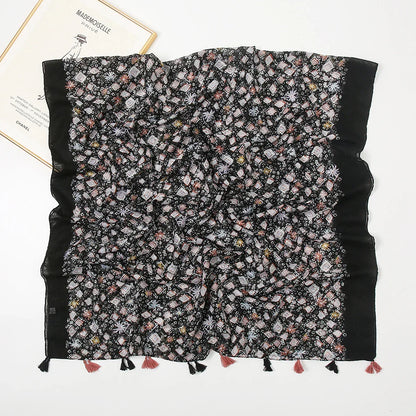 Cotton Linen Retro Jet Black Long Scarf