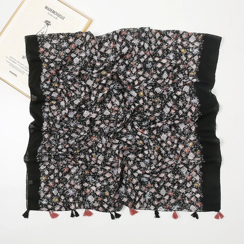 Cotton Linen Retro Jet Black Long Scarf