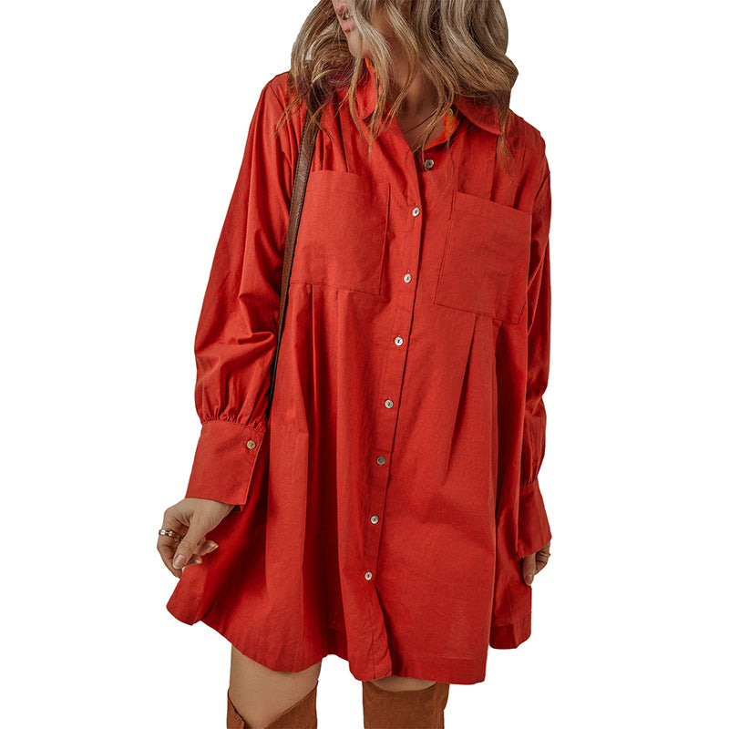 Pocketed Button Down Long Sleeve Shirt Dress
